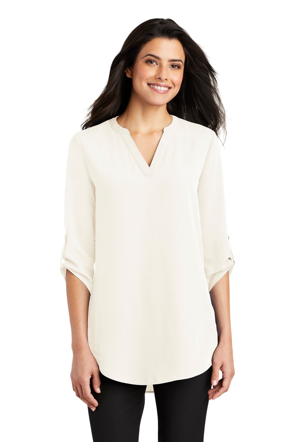 Front View of Ivory Chiffon Port Authority Women's 3/4-Sleeve Tunic Blouse. LW701