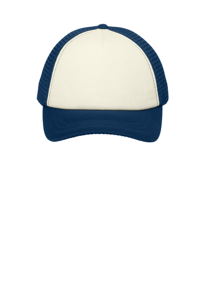 Front View of Ivory/Navy Port Authority 5-Panel Twill Foam Trucker Cap. C936