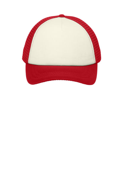 Front View of Ivory/Red Port Authority 5-Panel Twill Foam Trucker Cap. C936