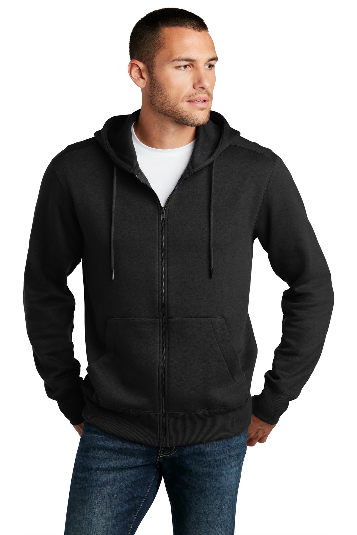 Front View of Jet Black District Perfect Weight Fleece Full-Zip Hoodie DT1103