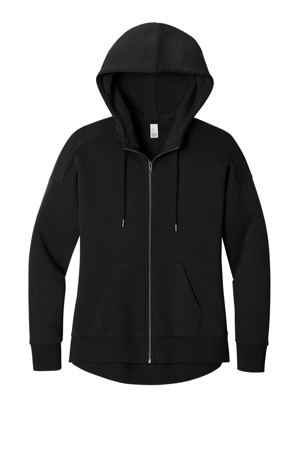 Front View of Jet Black District Women's Perfect Weight Fleece Drop Shoulder Full-Zip Hoodie DT1104