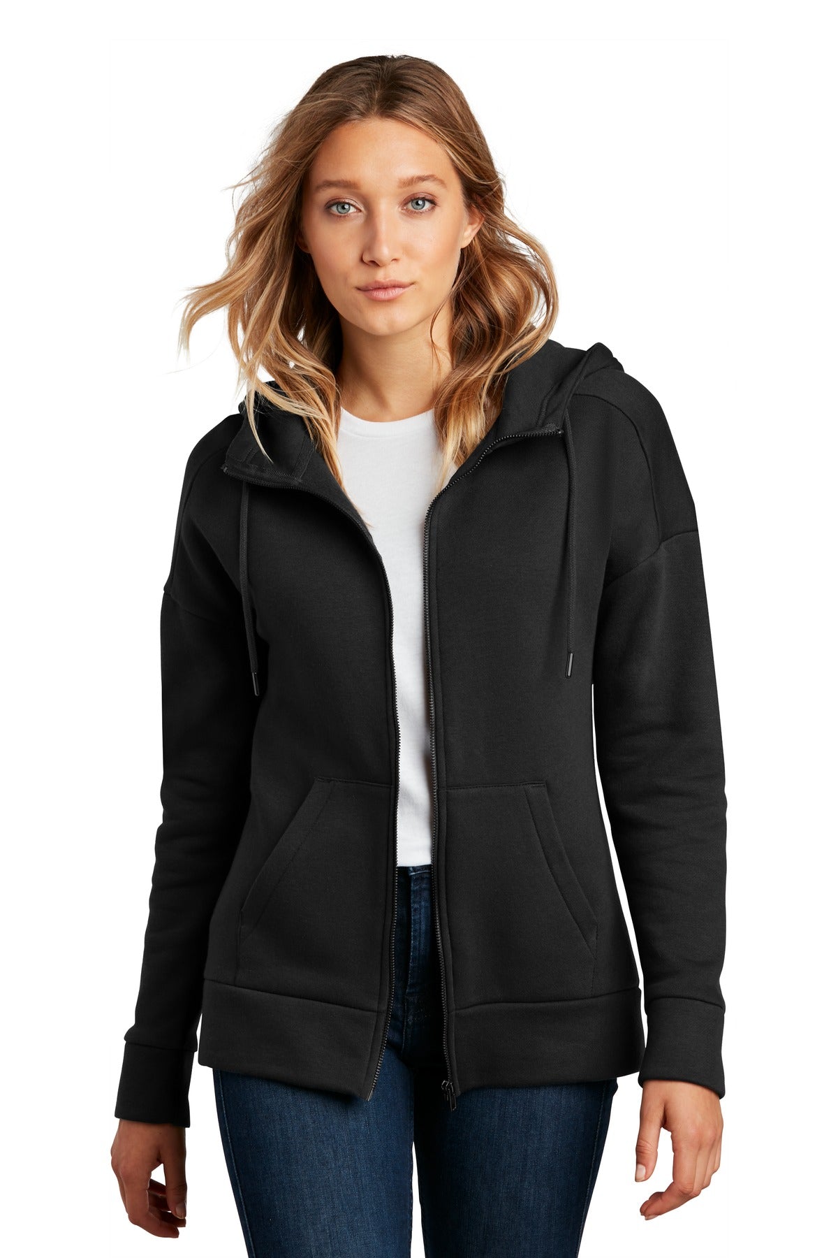 Front View of Jet Black District Women's Perfect Weight Fleece Drop Shoulder Full-Zip Hoodie DT1104