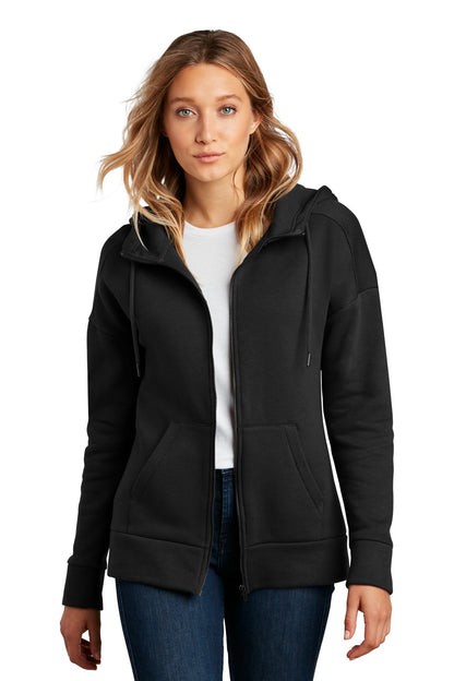 Front View of Jet Black District Women's Perfect Weight Fleece Drop Shoulder Full-Zip Hoodie DT1104