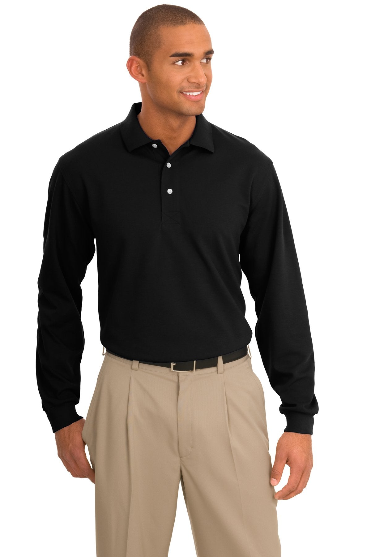 Front View of Jet Black Port Authority Rapid Dry Long Sleeve Polo. K455LS