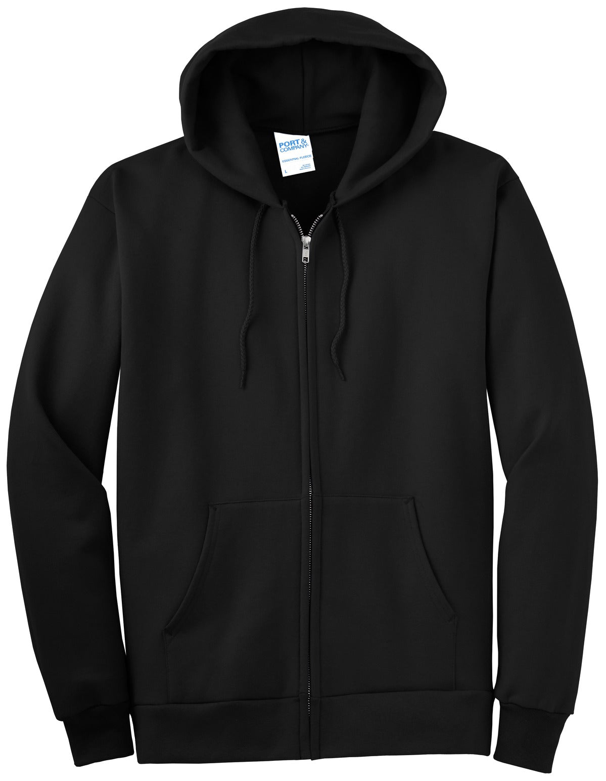 Front View of Jet Black Port & Company Essential Fleece Full-Zip Hooded Sweatshirt. PC90ZH
