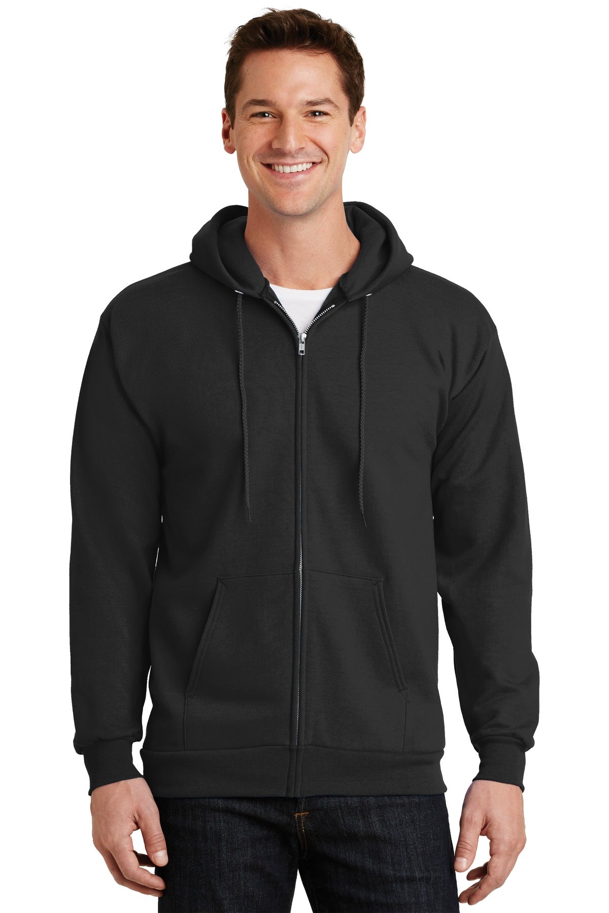 Front View of Jet Black Port & Company Essential Fleece Full-Zip Hooded Sweatshirt. PC90ZH