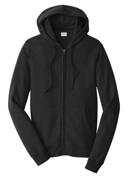 Front View of Jet Black Port & Company Fan Favorite Fleece Full-Zip Hooded Sweatshirt. PC850ZH