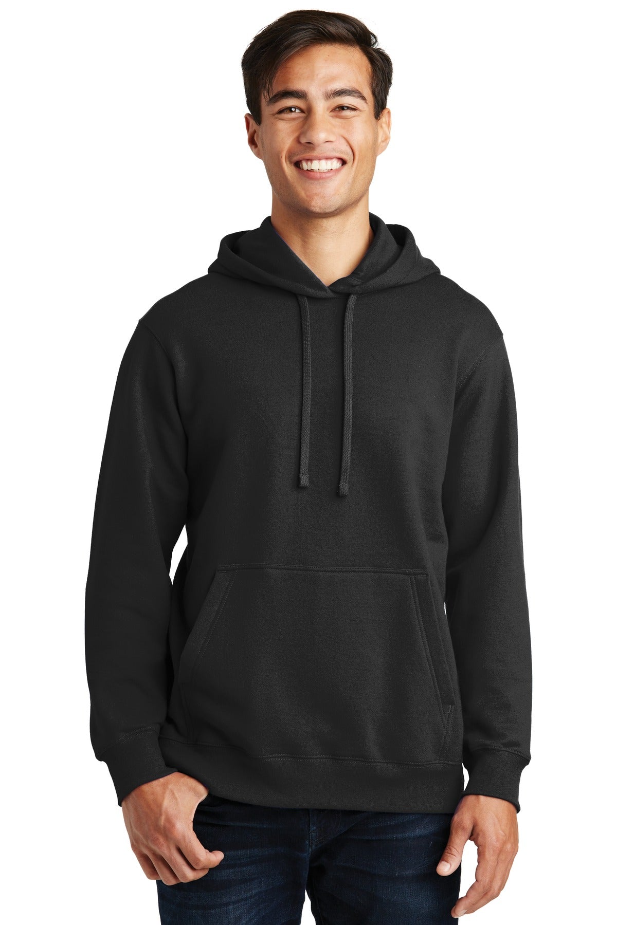 Front View of Jet Black Port & Company Fan Favorite Fleece Pullover Hooded Sweatshirt. PC850H