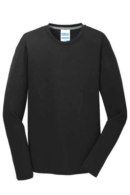 Front View of Jet Black Port & Company Long Sleeve Performance Blend Tee. PC381LS