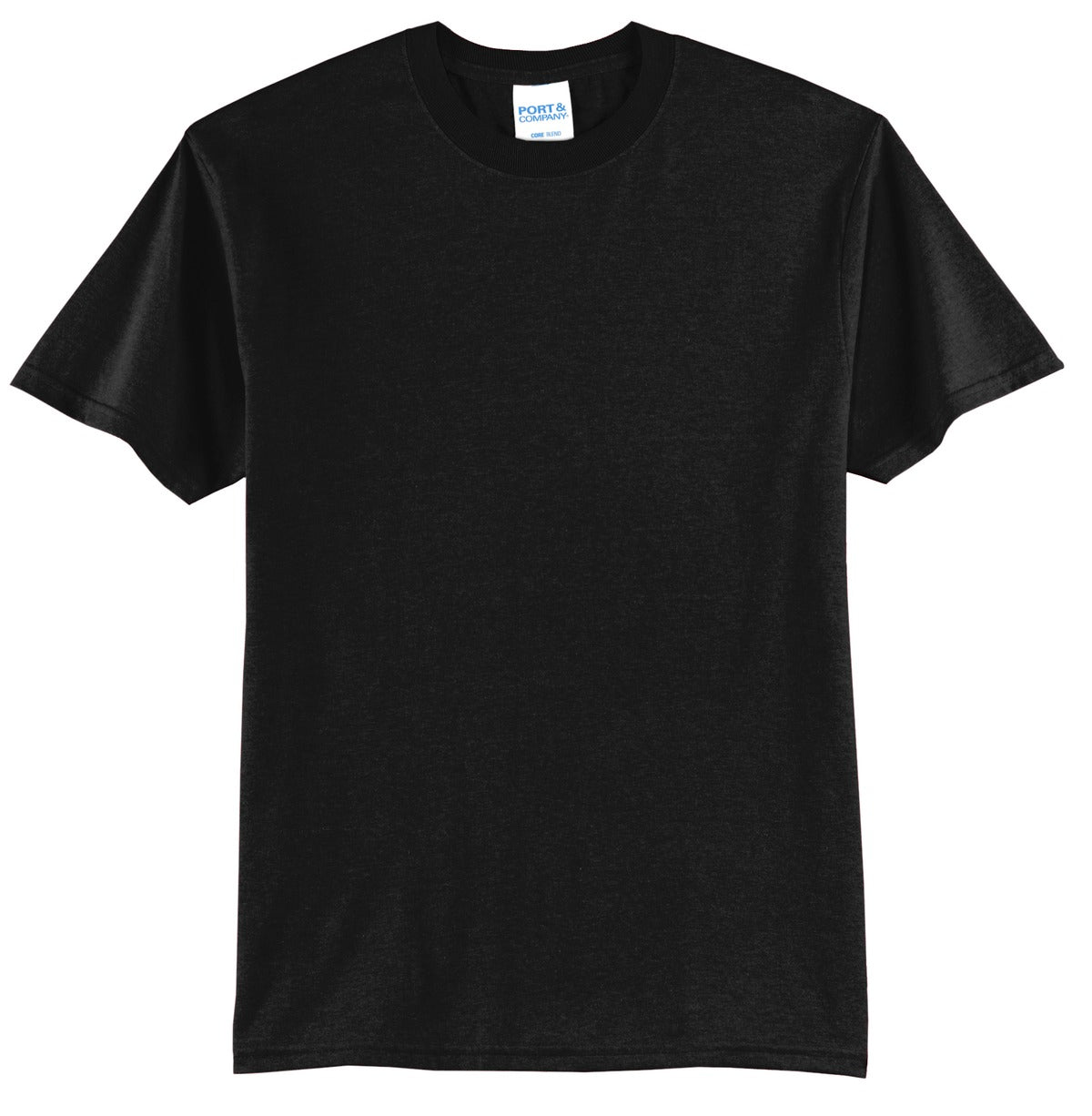 Front View of Jet Black Port & Company Tall Core Blend Tee. PC55T