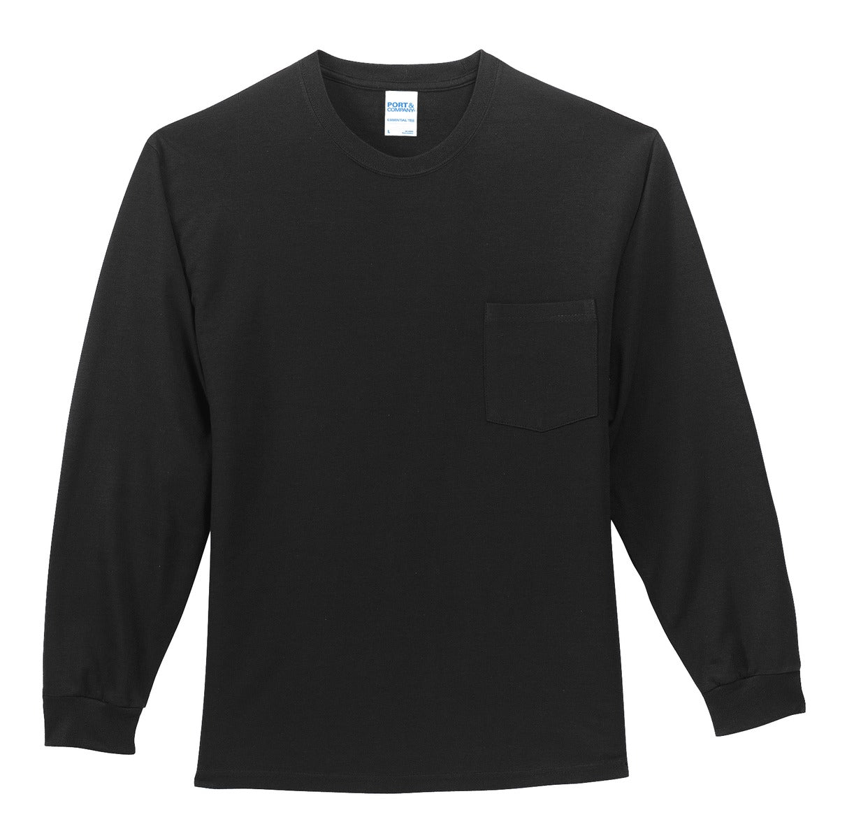 Front View of Jet Black Port & Company Tall Long Sleeve Essential Pocket Tee. PC61LSPT