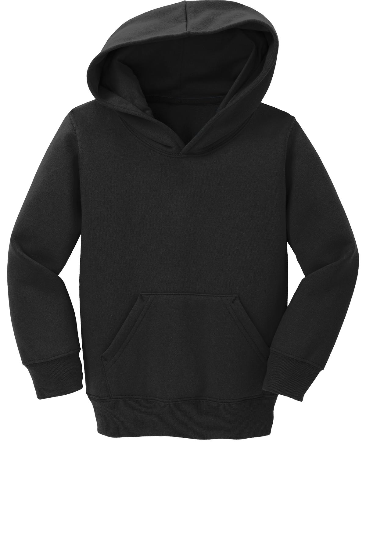 Front View of Jet Black Port & Company Toddler Core Fleece Pullover Hooded Sweatshirt. CAR78TH