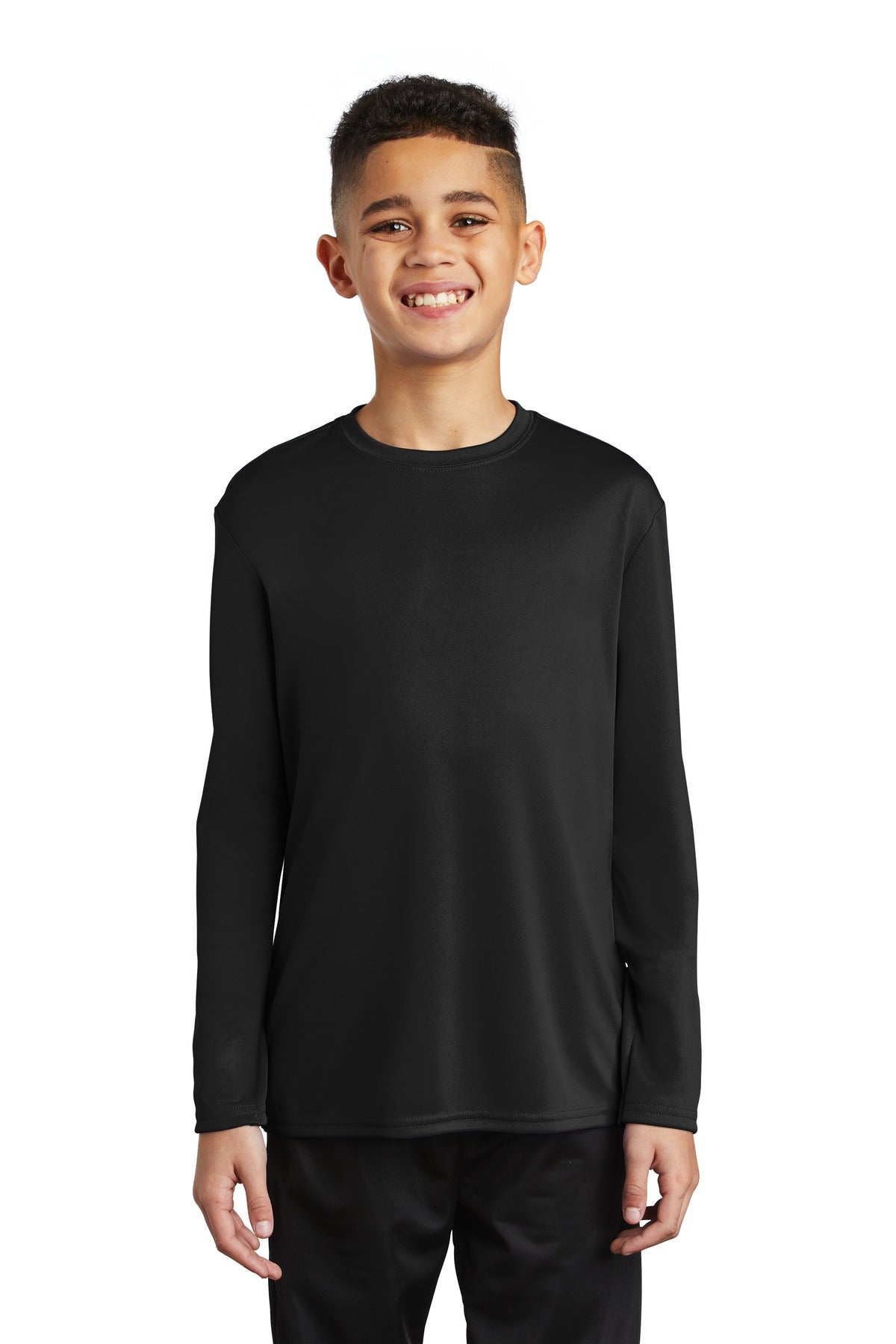 Front View of Jet Black Port & Company Youth Long Sleeve Performance Tee PC380YLS