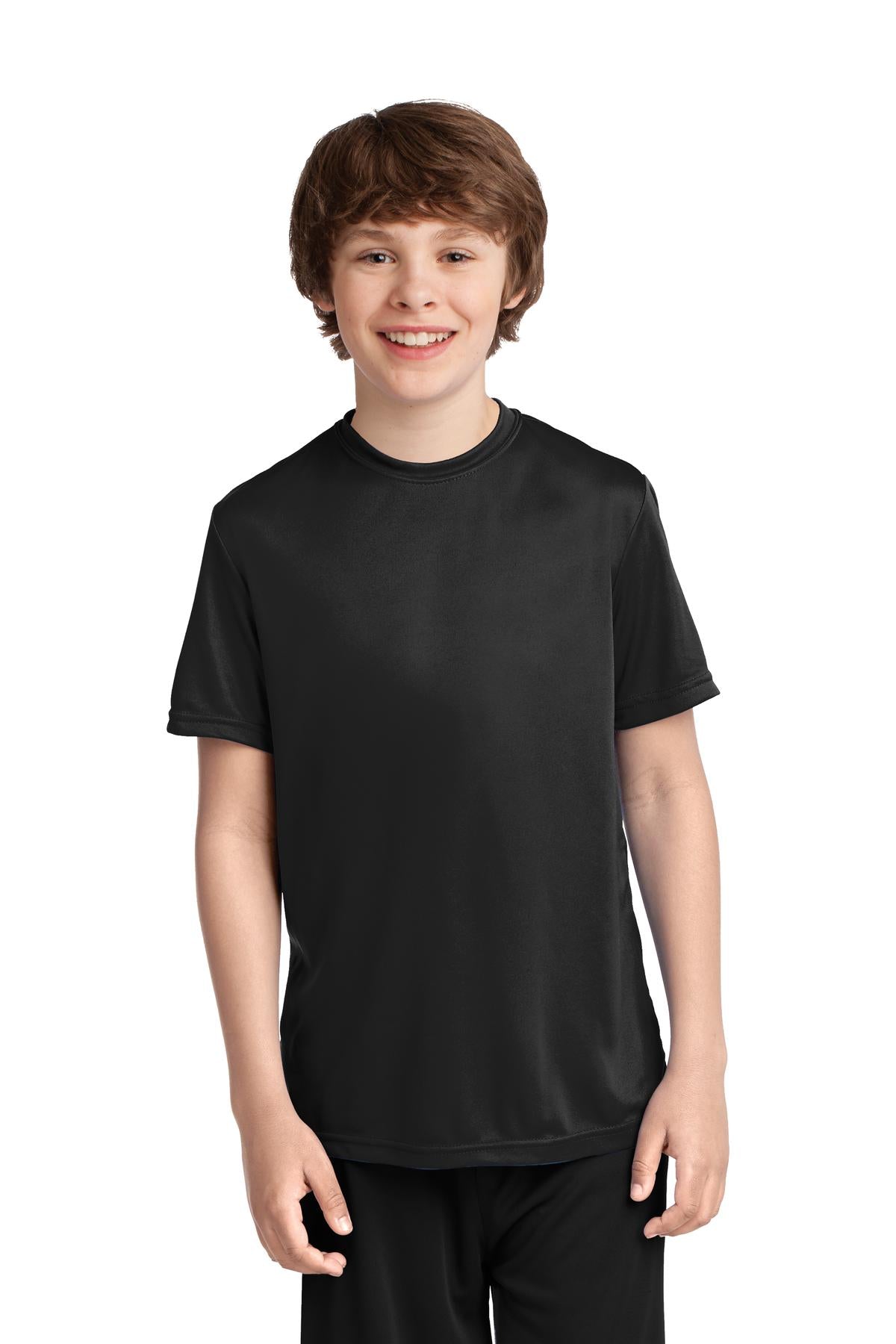 Front View of Jet Black Port & Company Youth Performance Tee. PC380Y