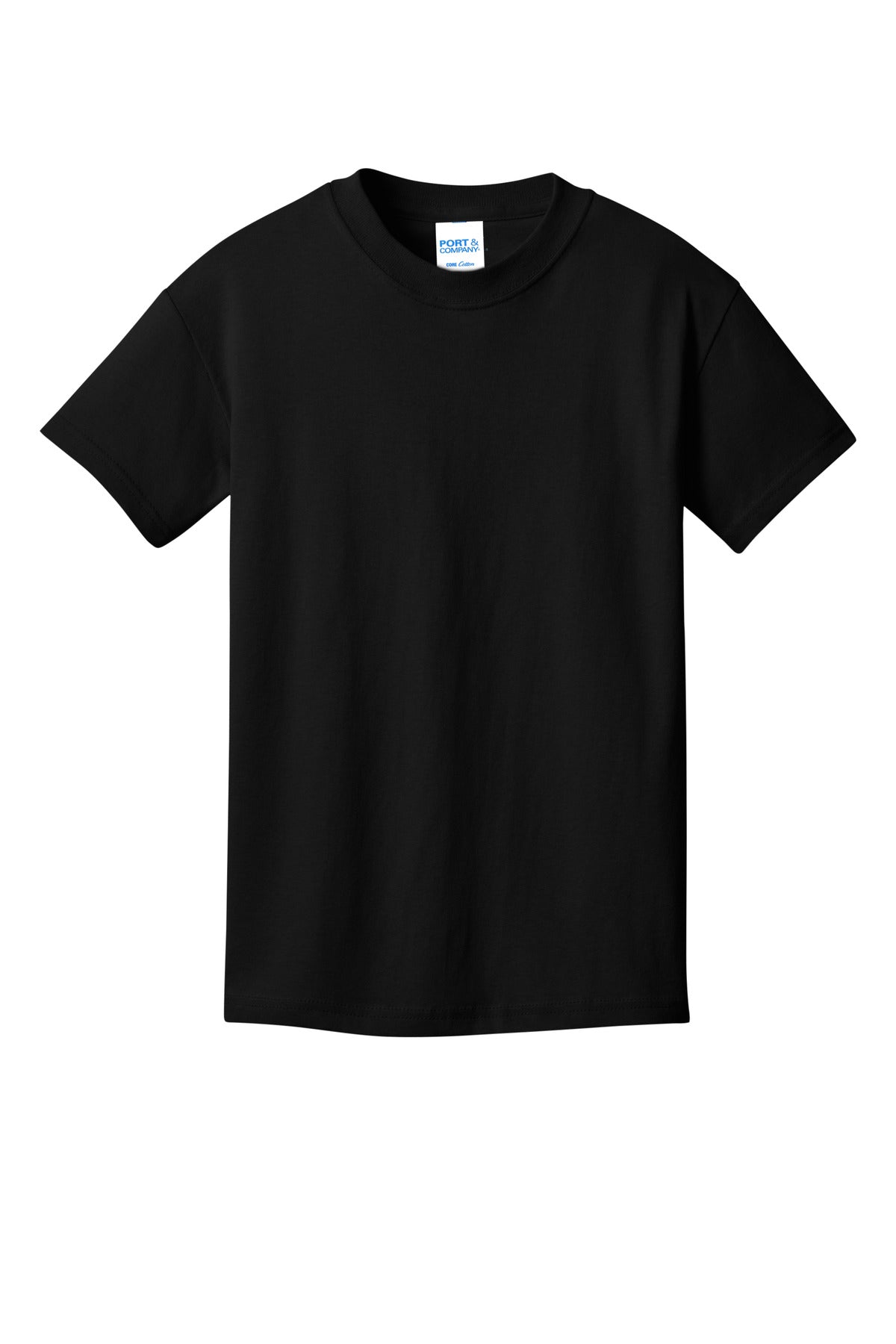 Front View of JetBlack Port & Company Youth Core Cotton DTG Tee PC54YDTG