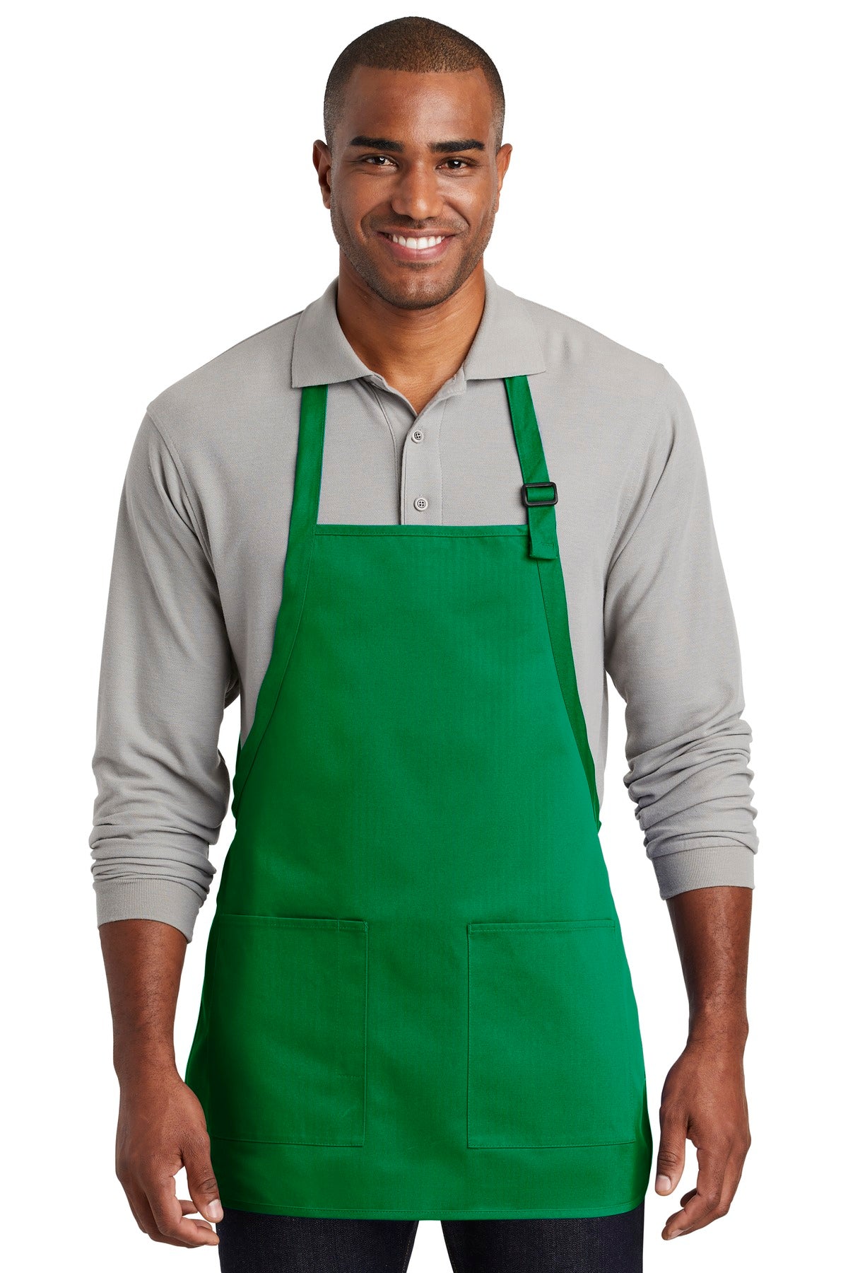 Front View of Kelly Green Port Authority Medium-Length Two-Pocket Bib Apron. A601