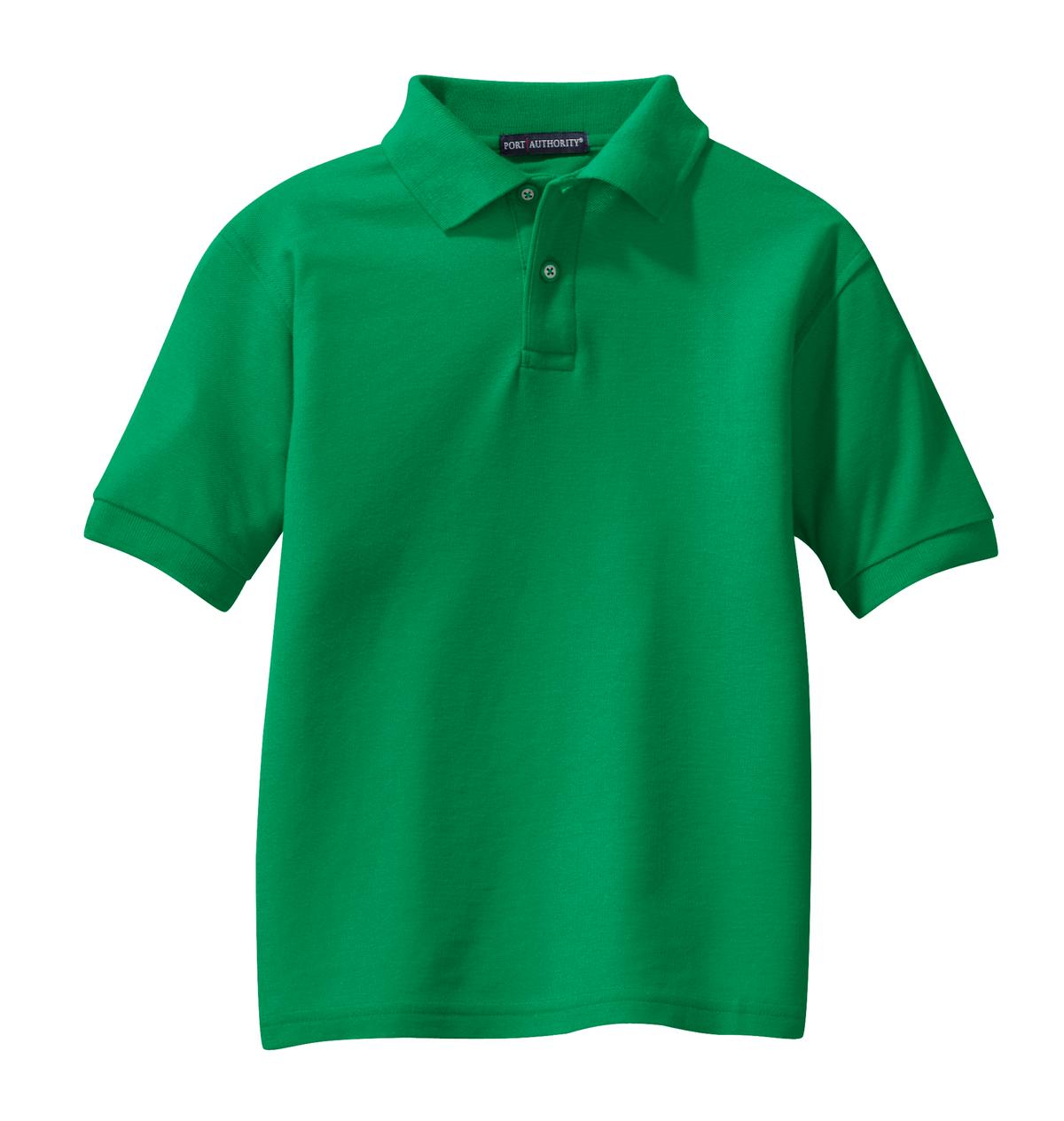 Front View of Kelly Green Port Authority Youth Silk Touch Polo. Y500