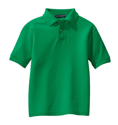 Front View of Kelly Green Port Authority Youth Silk Touch Polo. Y500