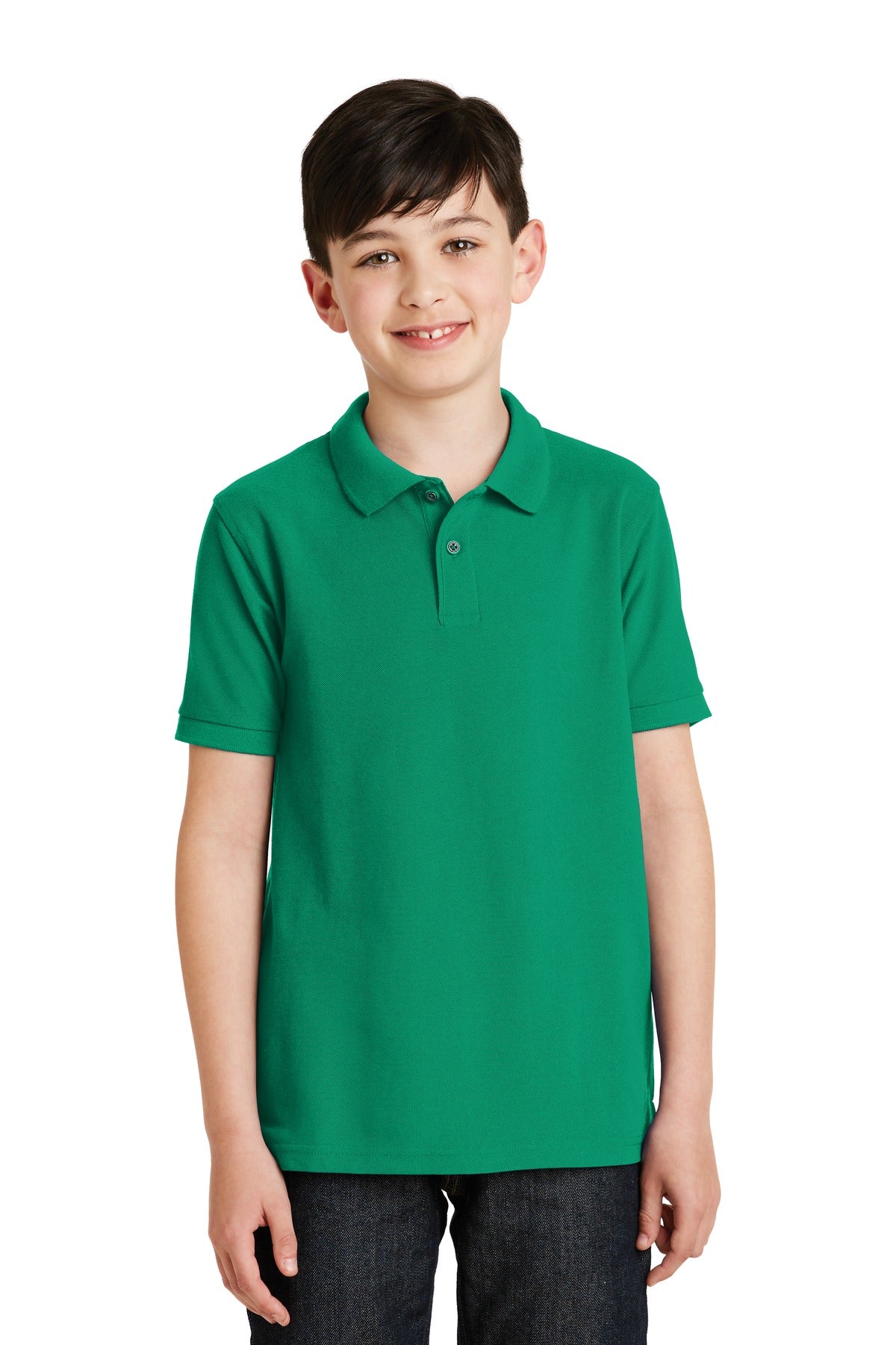 Front View of Kelly Green Port Authority Youth Silk Touch Polo. Y500