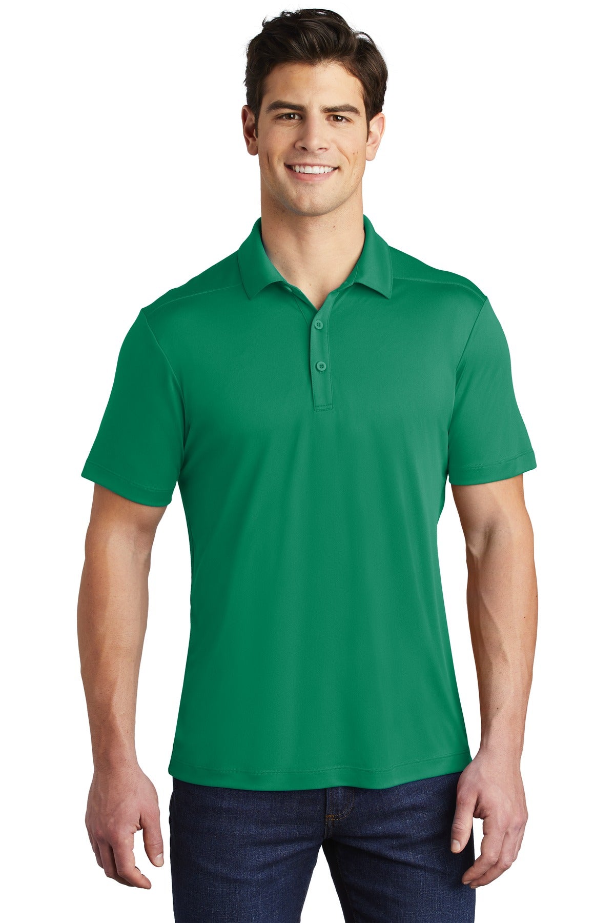 Front View of Kelly Green Sport-Tek Posi-UV Pro Polo. ST520