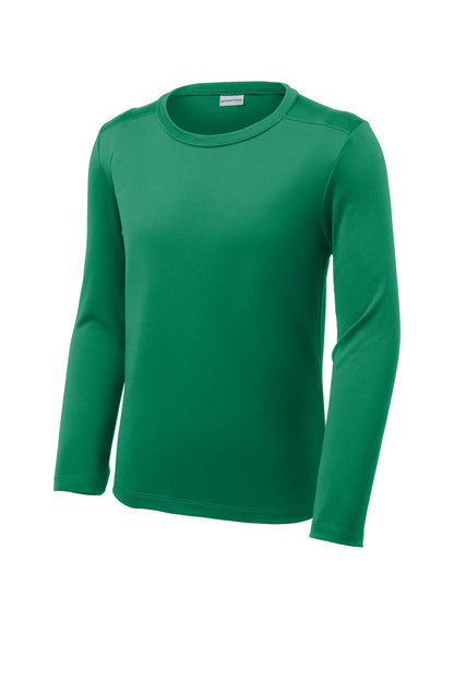 Front View of Kelly Green Sport-Tek Youth Posi-UV Pro Long Sleeve Tee. YST420LS