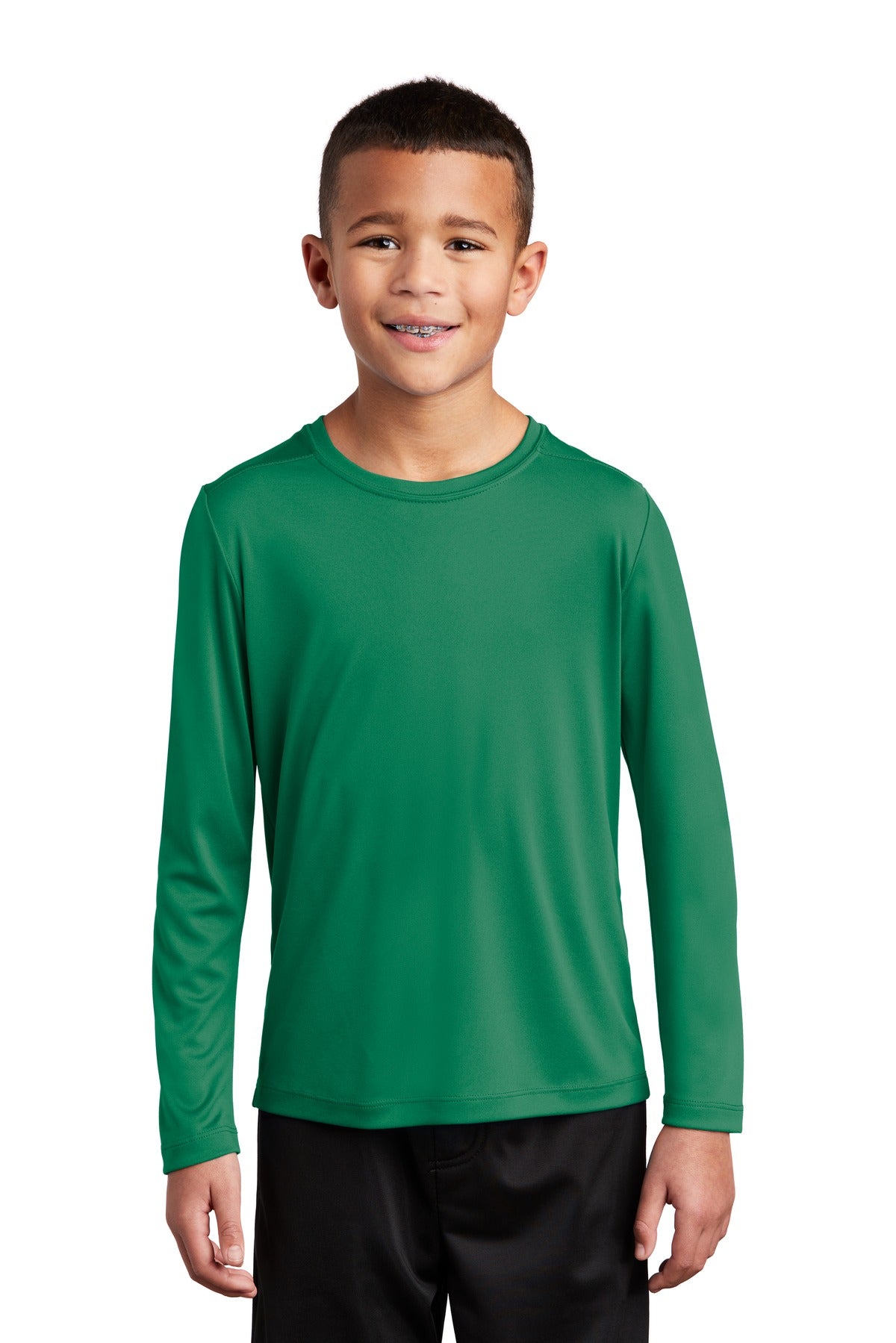 Front View of Kelly Green Sport-Tek Youth Posi-UV Pro Long Sleeve Tee. YST420LS