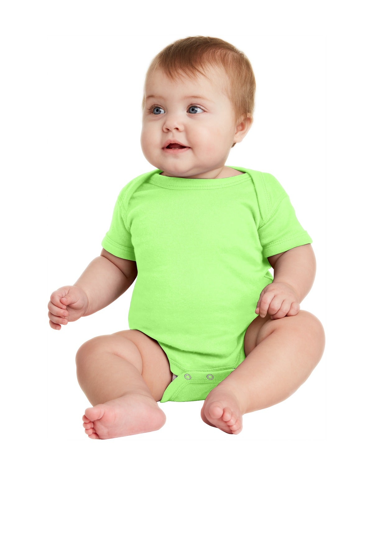 Front View of Key Lime Rabbit Skins Infant Short Sleeve Baby Rib Bodysuit. RS4400