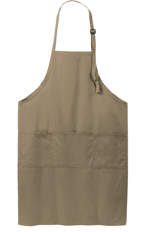 Front View of Khaki Port Authority Easy Care Extra Long Bib Apron with Stain Release. A700