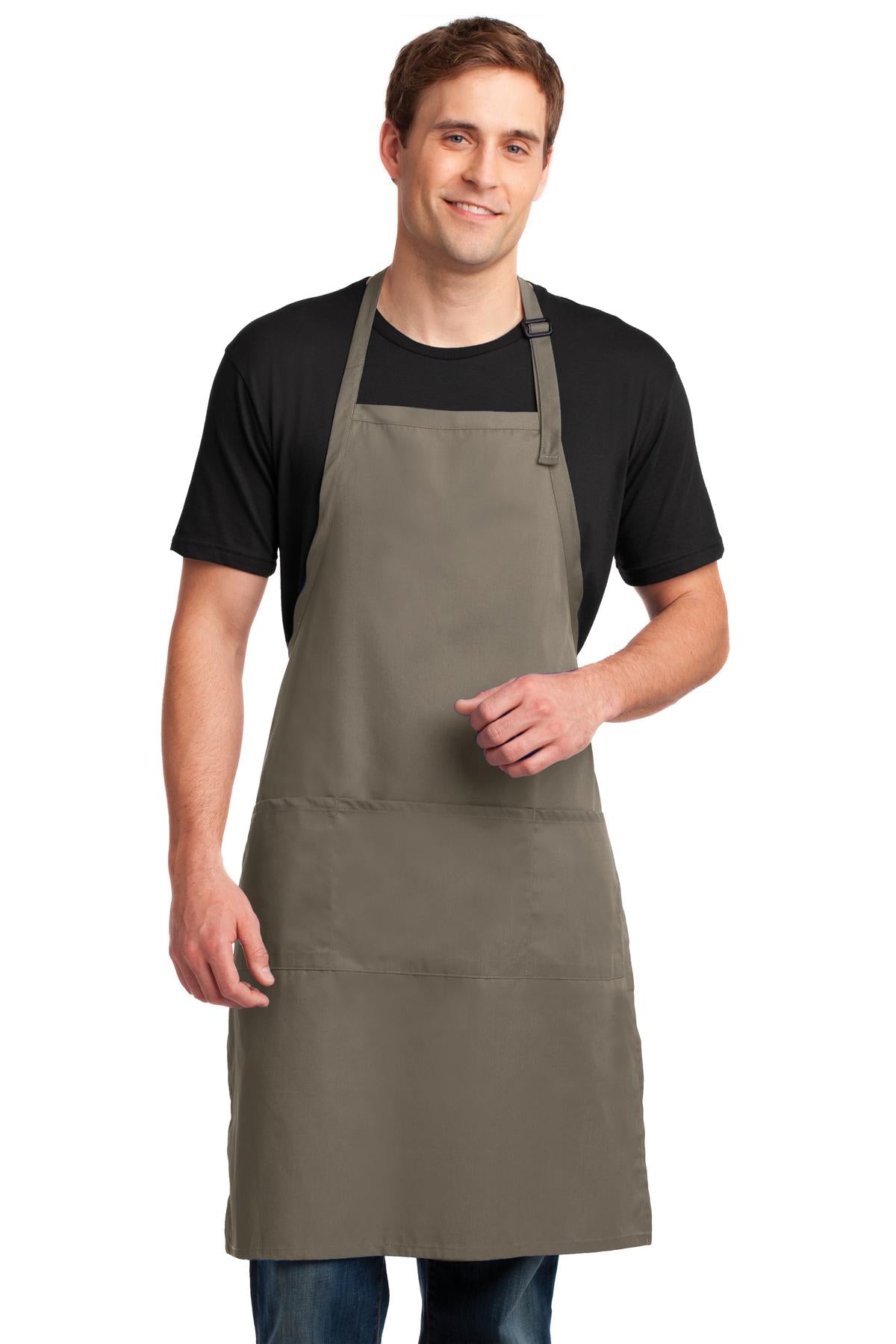 Front View of Khaki Port Authority Easy Care Extra Long Bib Apron with Stain Release. A700
