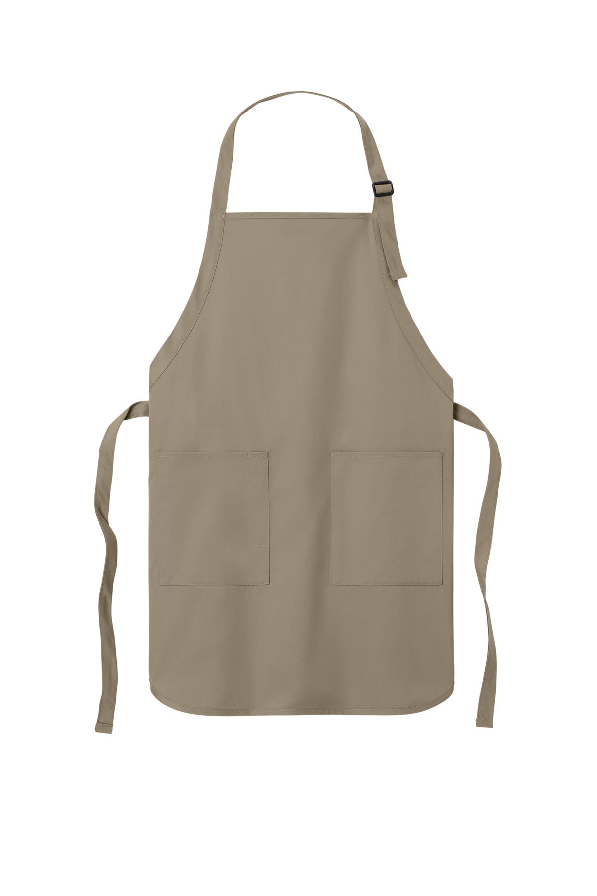 Front View of Khaki Port Authority Full-Length Two-Pocket Bib Apron. A600