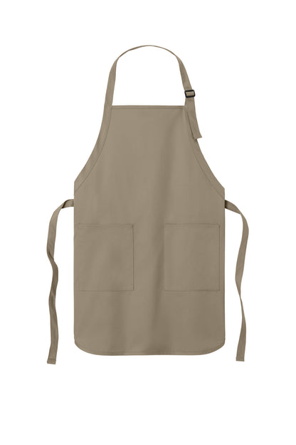 Front View of Khaki Port Authority Full-Length Two-Pocket Bib Apron. A600