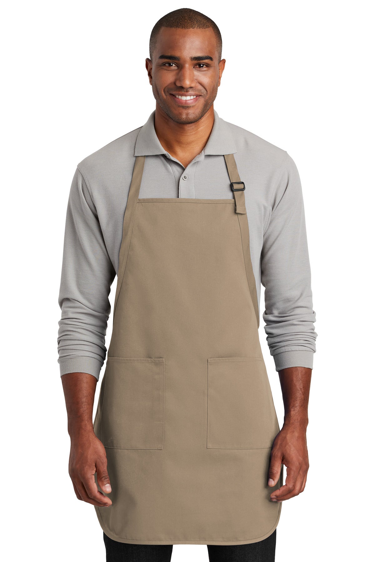 Front View of Khaki Port Authority Full-Length Two-Pocket Bib Apron. A600