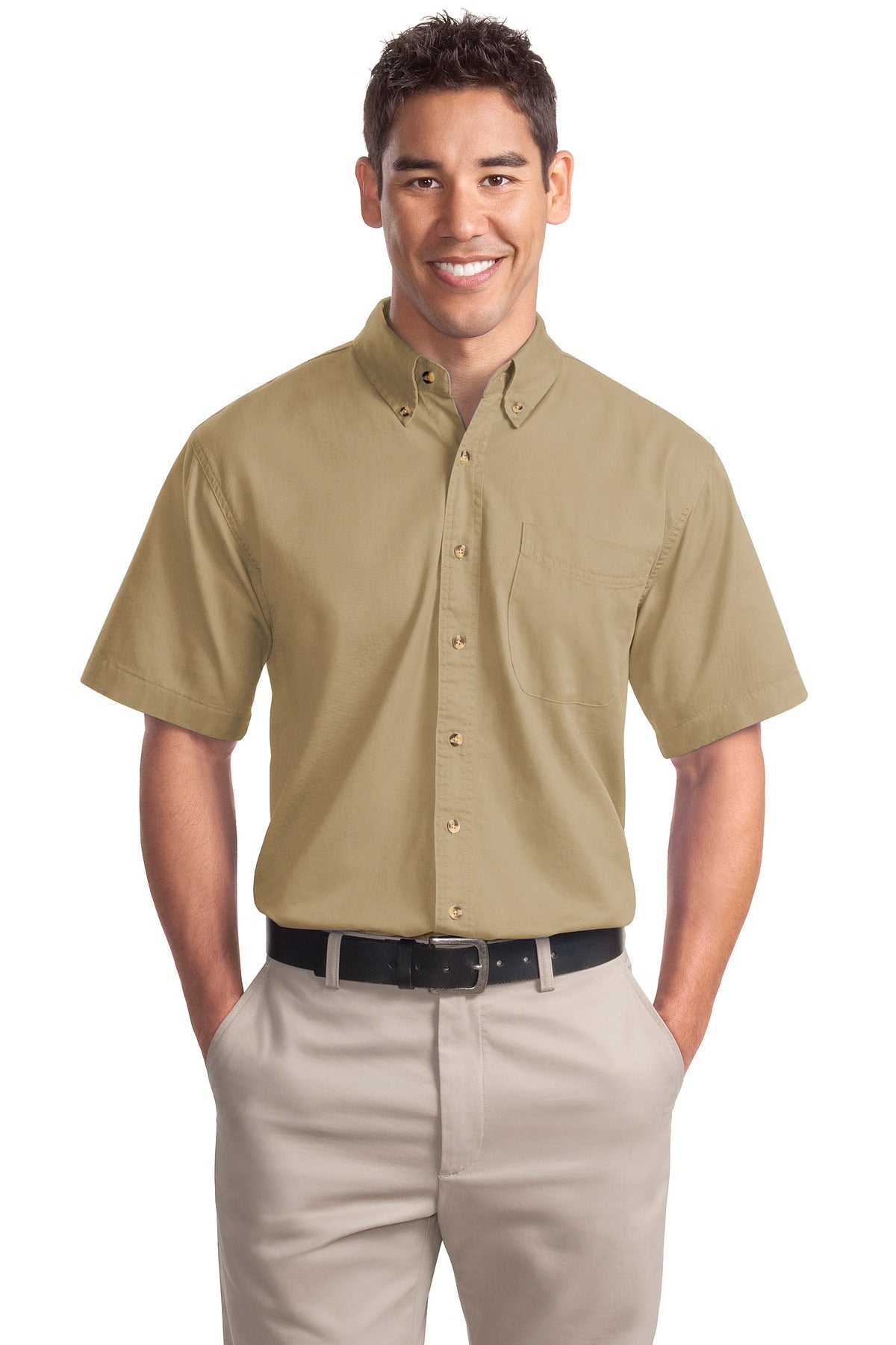 Front View of Khaki Port Authority Short Sleeve Twill Shirt. S500T