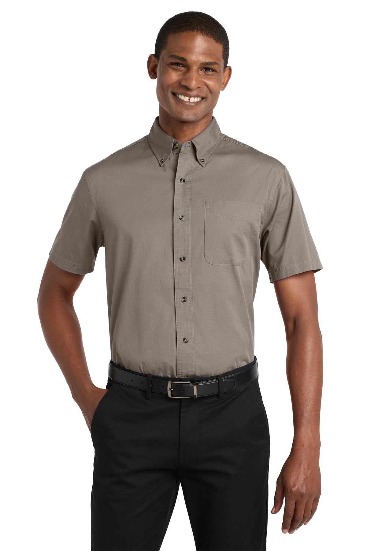 Front View of Khaki Port Authority Short Sleeve Twill Shirt. S500T