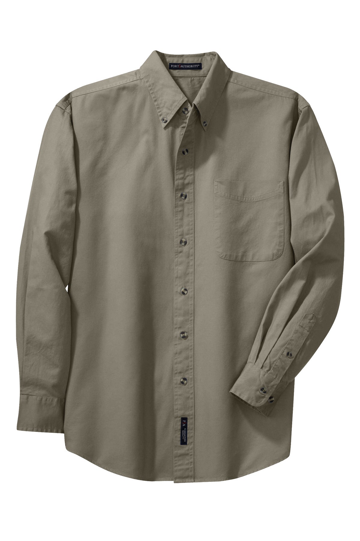 Front View of Khaki Port Authority Tall Long Sleeve Twill Shirt. TLS600T
