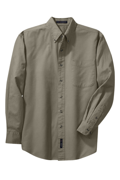 Front View of Khaki Port Authority Tall Long Sleeve Twill Shirt. TLS600T