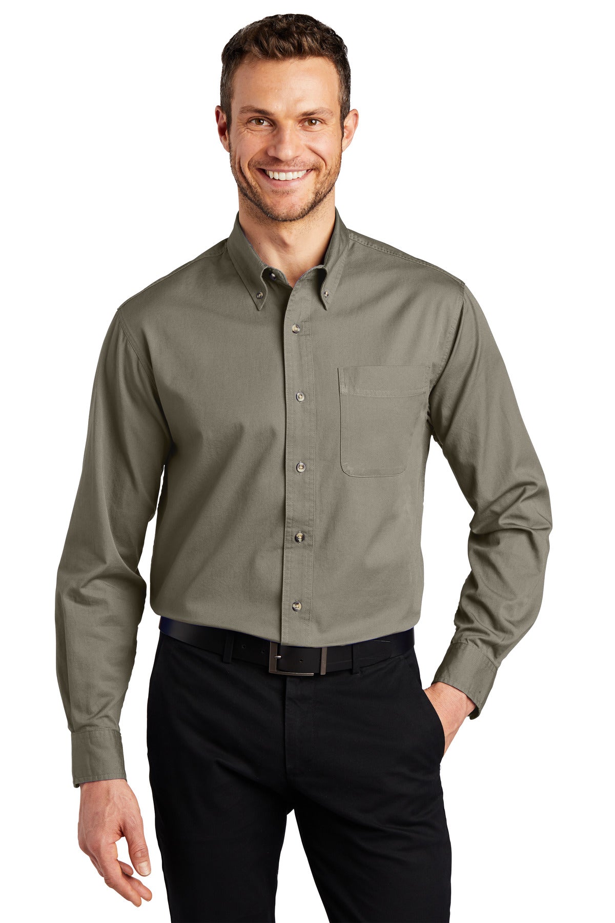 Front View of Khaki Port Authority Tall Long Sleeve Twill Shirt. TLS600T