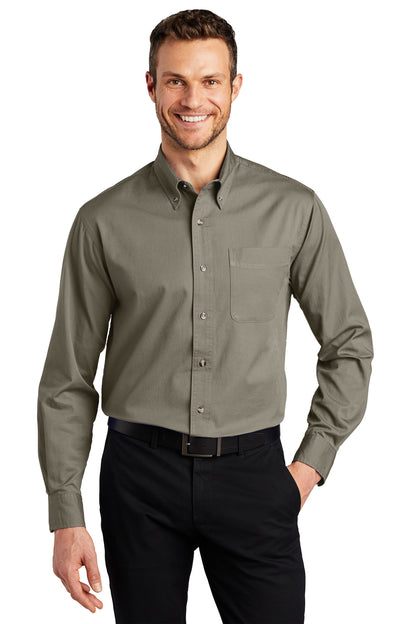 Front View of Khaki Port Authority Tall Long Sleeve Twill Shirt. TLS600T