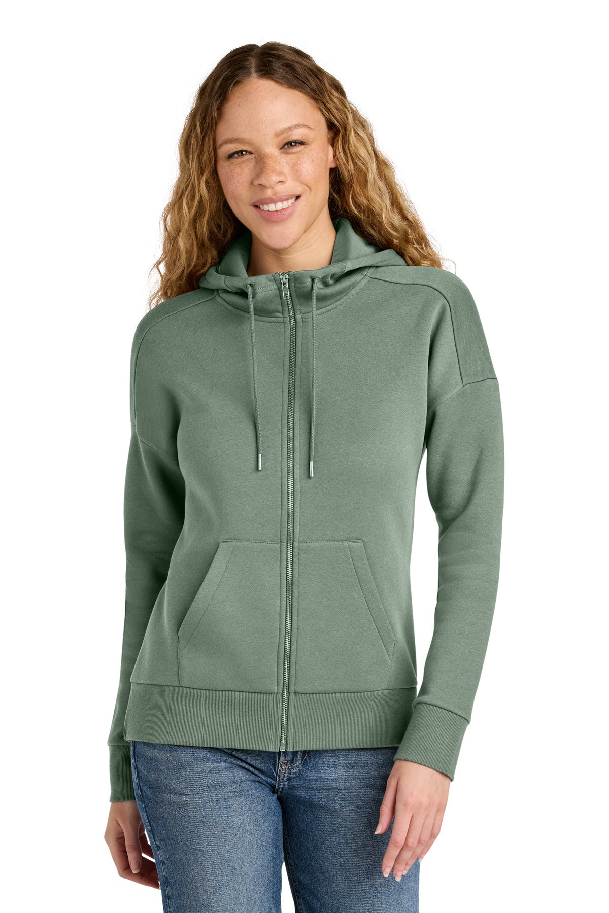 Front View of LaurelGrn District Women's Perfect Weight Fleece Drop Shoulder Full-Zip Hoodie DT1104