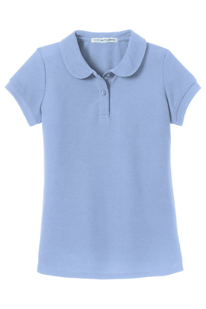Front View of Light Blue Port Authority Girls Silk Touch Peter Pan Collar Polo. YG503