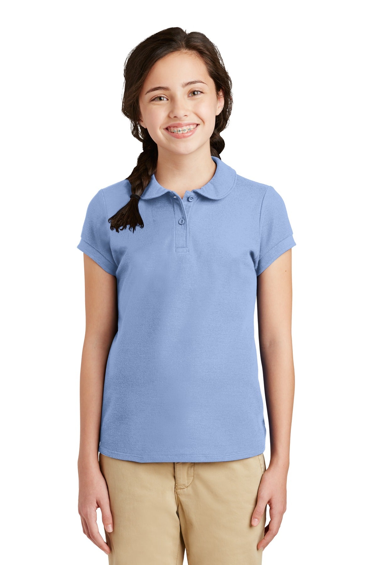Front View of Light Blue Port Authority Girls Silk Touch Peter Pan Collar Polo. YG503