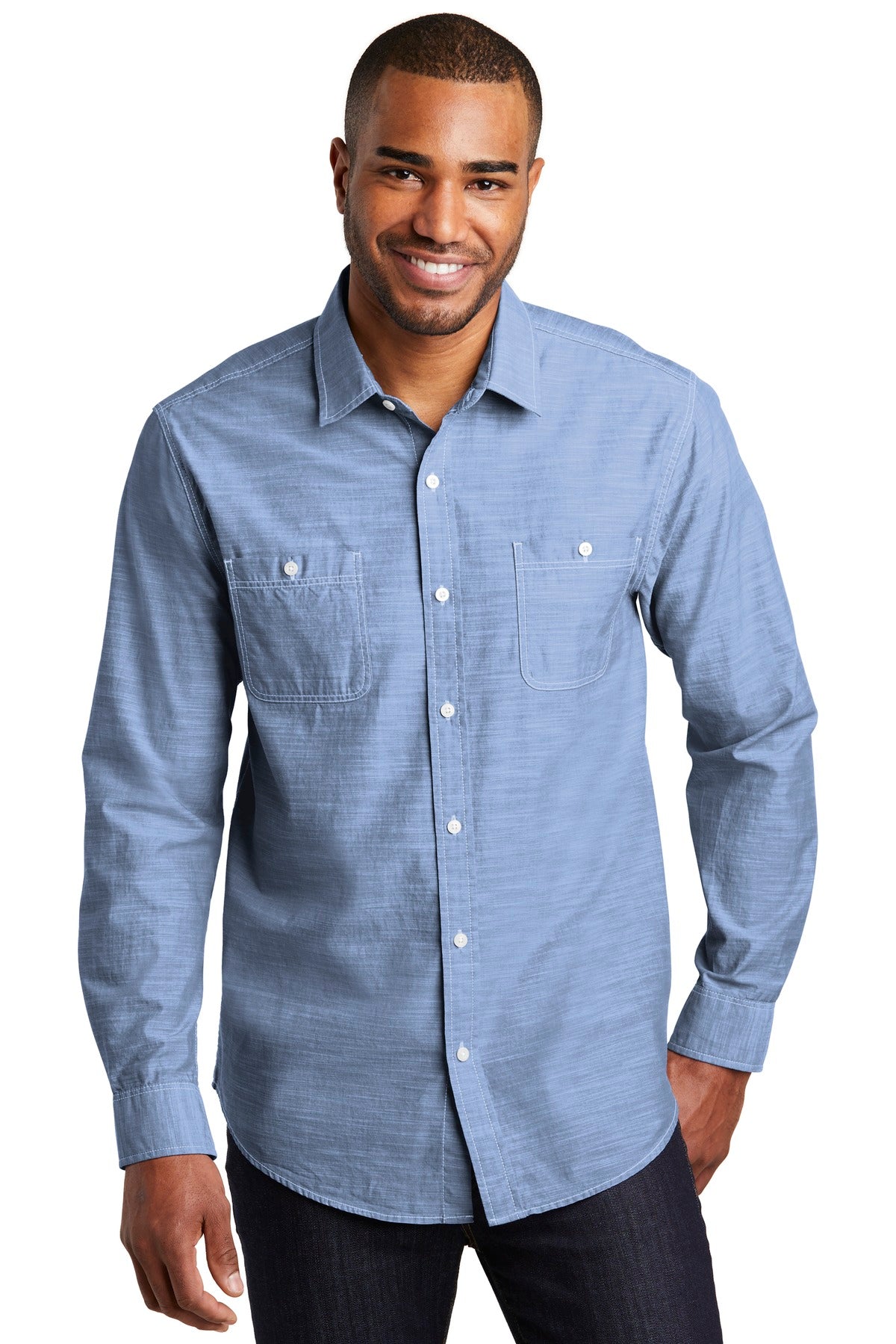 Front View of Light Blue Port Authority Slub Chambray Shirt. W380