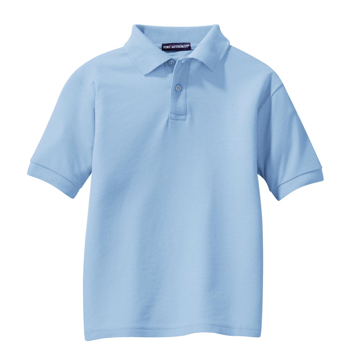 Front View of Light Blue Port Authority Youth Silk Touch Polo. Y500