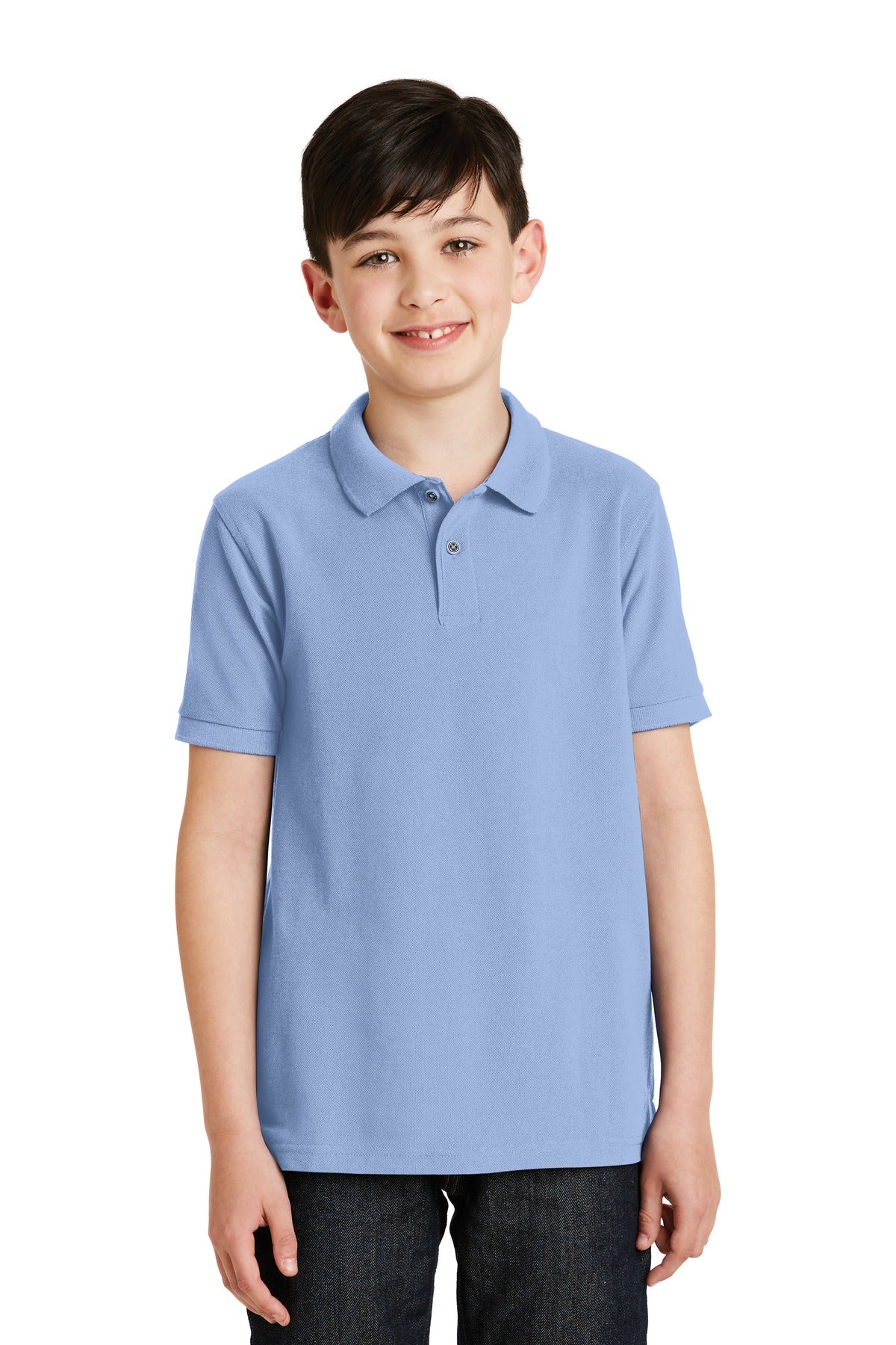 Front View of Light Blue Port Authority Youth Silk Touch Polo. Y500