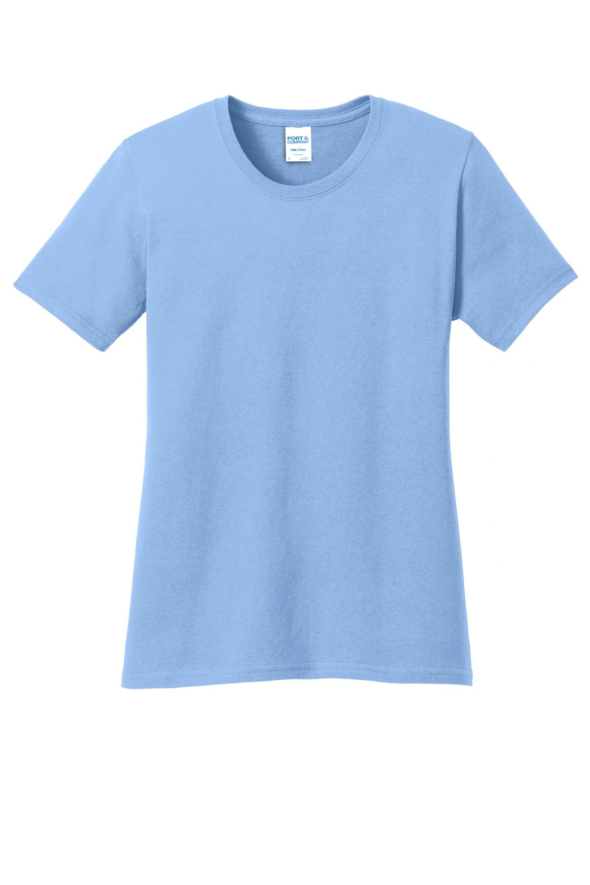 Front View of Light Blue Port & Company Women's Core Cotton Tee. LPC54