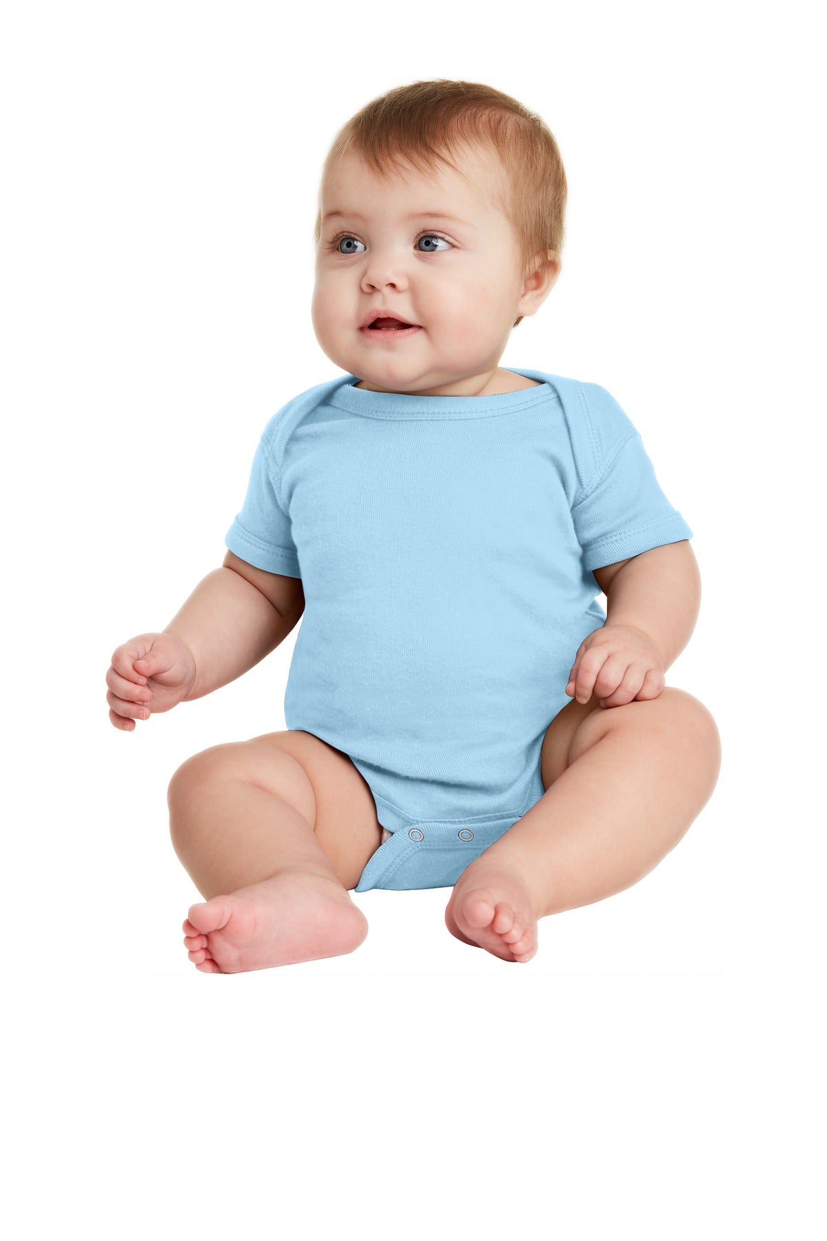 Front View of Light Blue Rabbit Skins Infant Short Sleeve Baby Rib Bodysuit. RS4400