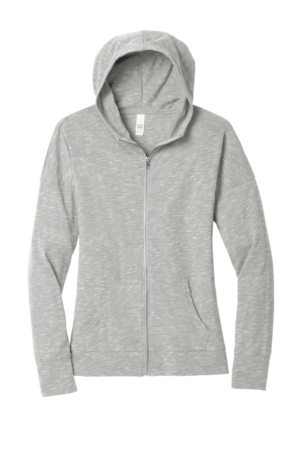 Front View of Light Grey District Women's Medal Full-Zip Hoodie. DT665