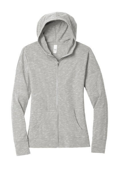 Front View of Light Grey District Women's Medal Full-Zip Hoodie. DT665