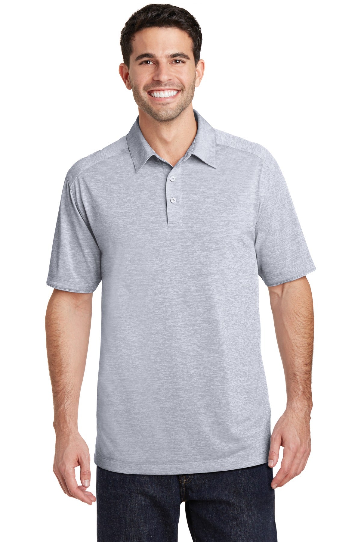 Front View of Light Grey Port Authority Digi Heather Performance Polo. K574