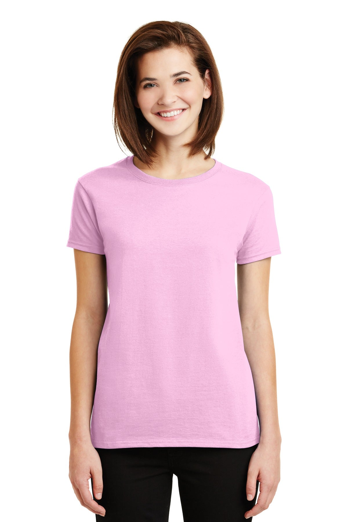 Front View of Light Pink Gildan Women's Ultra Cotton 100% US Cotton T-Shirt. 2000L